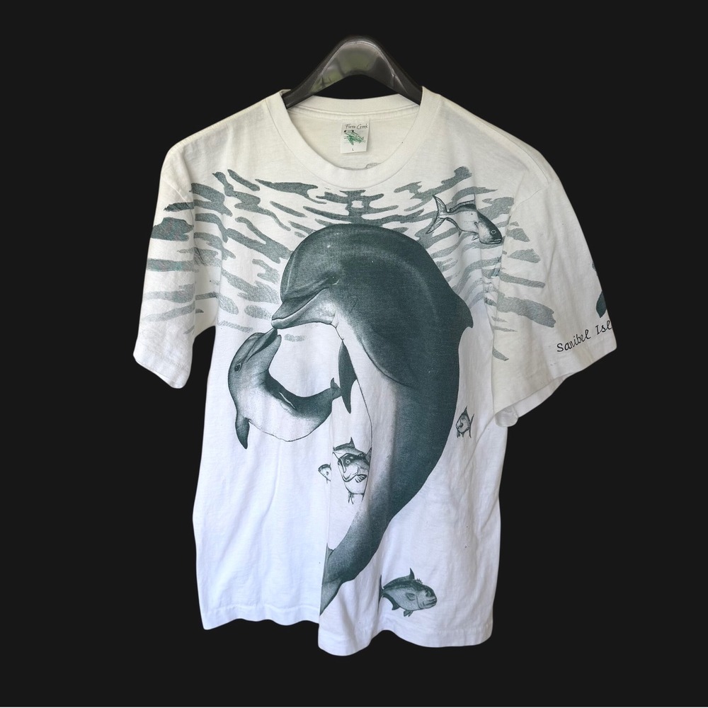 90's Sanibel Island Dolphin Habitat AOP T-Shirt Large White Single Stitch